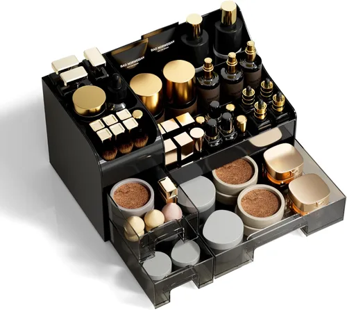 Vista 4 de Organizador de maquillaje extra grande para tocador, organizador de encimera con cajones y soporte para cepillos, organizador de colonia para hombre