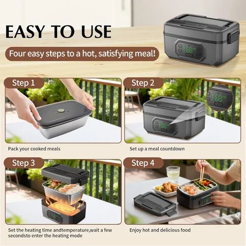 Vista 4 de Fiambrera eléctrica para adultos con temporizador – 1.6L eléctrica inalámbrica 24000mAh alimentada por batería calentada, calefacción de 5 lados