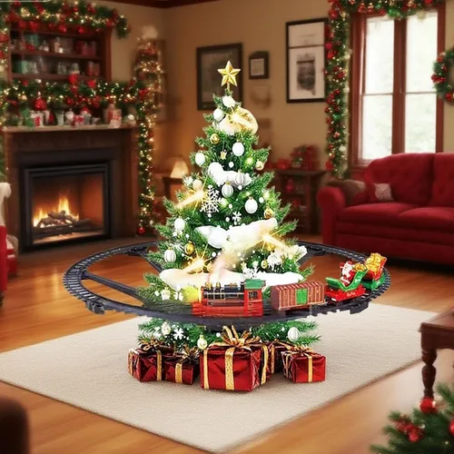 Vista 5 de Juego interactivo de ferrocarril navideño – Locomotora giratoria con 8 melodías de efectos de niebla y parada automática perfecta para decoración
