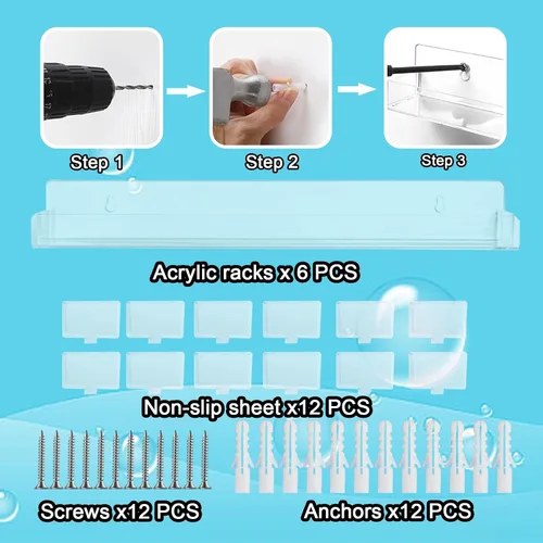Vista 5 de Paquete de 6 estantes de esmalte de uñas, estante organizador montado en la pared con inserciones de extremo antideslizantes extraíbles, soporte