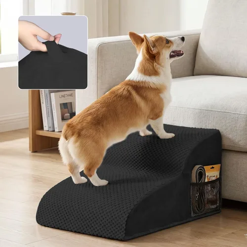 Vista 7 de 2-Step Dog Stairs for Small Dogs, Non-Slip Foam Pet Steps for Low Couch Bed Negro