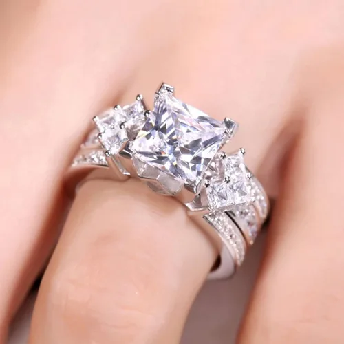 Vista 3 de Jeulia - Juego de anillos de novia de 4.1 quilates para mujer, anillos de compromiso de corte princesa, anillos intercambiables de boda de plata