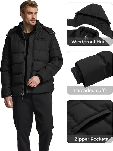 Vista 6 de Wantdo Abrigo de invierno con capucha para hombre, abrigo de algodón grueso con capucha extraíble