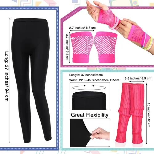 Vista 4 de Conjunto de disfraz de mujer de los años 80, leggings y pantalones para mujer, camiseta de los años 80, faldas de tul, guantes, collares, pulseras