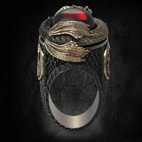 Vista 7 de MayiaHey Anillo de piedra roja de dragón punk para hombre, anillo gótico de tótem de dragón helado para niños, Metal no precioso., No