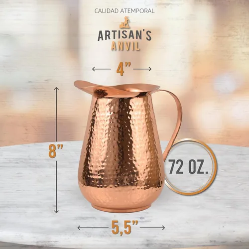 Vista 4 de Jarra de cobre martillado Artisan's Anvil con asa, 100% cobre, resistente, hecha a mano, 70 fl. Oz., mejor para agua, Ayurveda, Moscow Mules