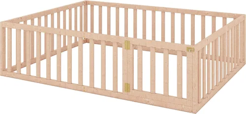 Vista 5 de Bellemave Cama de suelo para niños, marco de cama Montessori tamaño Queen con barandillas de valla para niños, camas de madera para niños y niñas