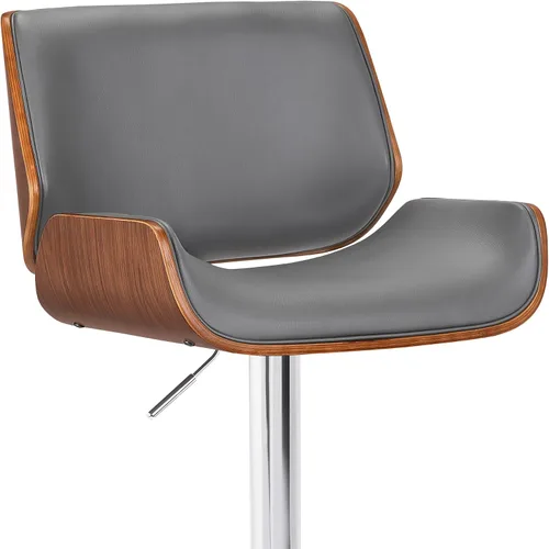 Vista 6 de Armen Living London Taburete de bar moderno giratorio de altura ajustable de piel sintética gris y madera de nogal con base cromada para encimera