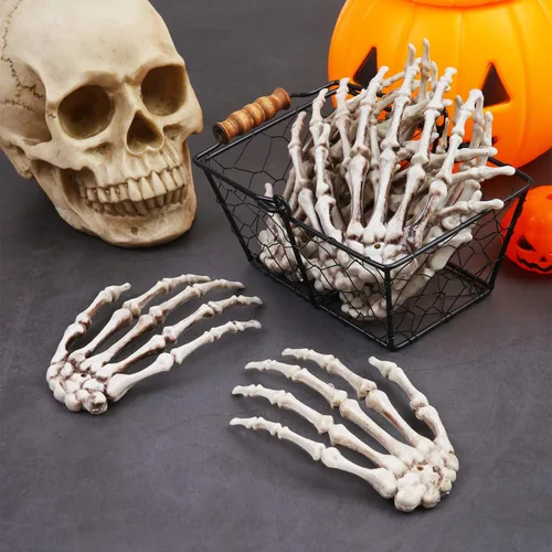 Vista 7 de URATOT 12 manos de esqueleto de Halloween, manos humanas falsas de plástico, manos de esqueleto realistas, tamaño real para hueso, zombi, fiesta