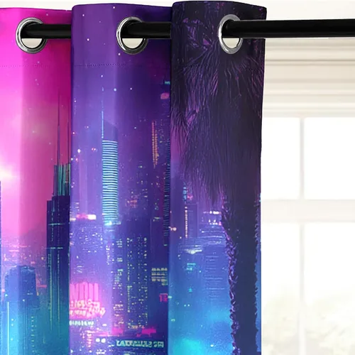 Vista 4 de Cyberpunk - Cortinas para dormitorio, cortinas retro de los años 80, 54 pulgadas de largo para sala de estar, cortinas opacas de ciudad rosa y Rosa