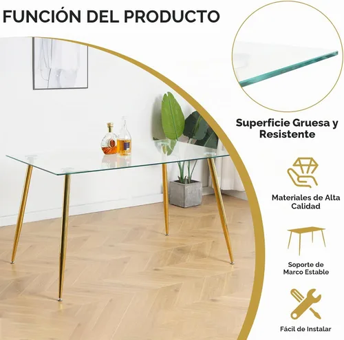 Vista 4 de Juego de mesa de comedor moderno de 51 pulgadas para 4 mesas rectangulares de cristal con 4 sillas tapizadas de cuero, asientos 4 ideales para Beige