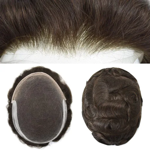 Vista 27 de Tupé para hombre Remy pieza de cabello humano para hombres encaje tupé para hombres nudo blanqueado sistema de reemplazo de cabello para hombre #1