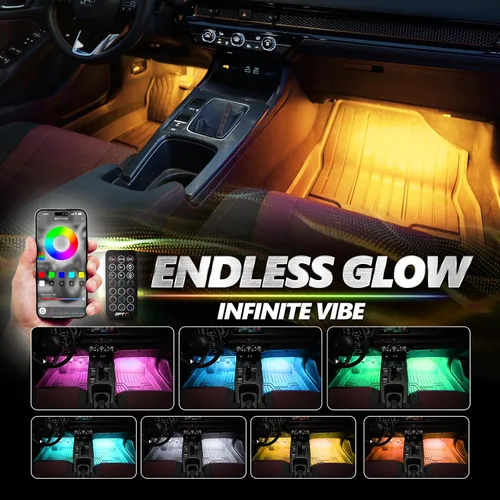 Vista 7 de OPT7 Aura Pro 4 piezas Tiras de luz LED dobles para interior de auto con APP y control remoto, modo multicolor, kit de iluminación de acento de neón