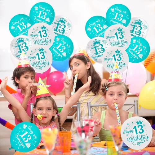 Vista 3 de Globos de cumpleaños número 13, paquete de 45 decoraciones OMG azul turquesa para adolescentes – Juego de globos de látex turquesa de 13 años