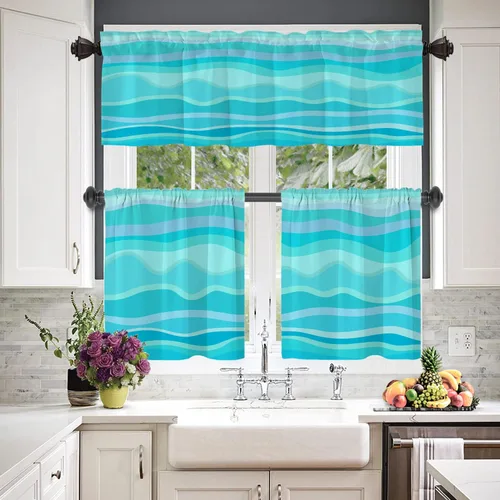 Vista 2 de Doodle Line Art - Cenefas de cocina para ventanas, líneas y ondas, multicolor, abstractas, opacas, cortinas de poliéster multicapa para cocina