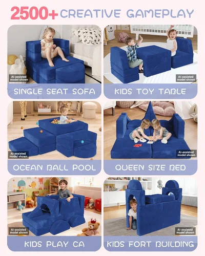 Vista 6 de 15 piezas Sofá de juego modular para niños, Sofá para niños pequeños y niños, sofás para niños pequeños, Kit de construcción de fortalezas con sofás