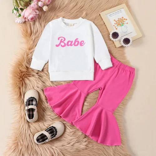Vista 2 de Conjunto de sudadera de manga larga con cuello redondo y pantalones acampanados para bebé niña