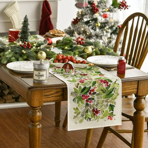 Vista 2 de Artoid Mode Camino de Mesa Navideño de Acebo en Acuarela, Decoración de Mesa de Cocina y Comedor de Temporada Navideña de Invierno para Interiores