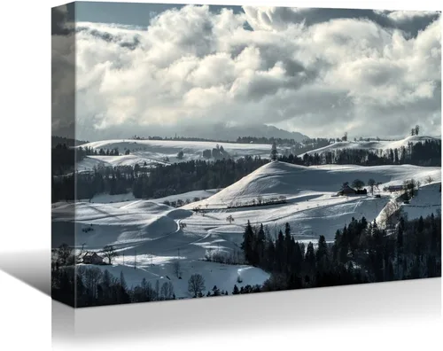Vista 20 de BANHUA1 Decoración de pared de escena de nieve de invierno, lienzo, pintura artística de pared, póster de tierra de nieve de invierno sobre lienzo