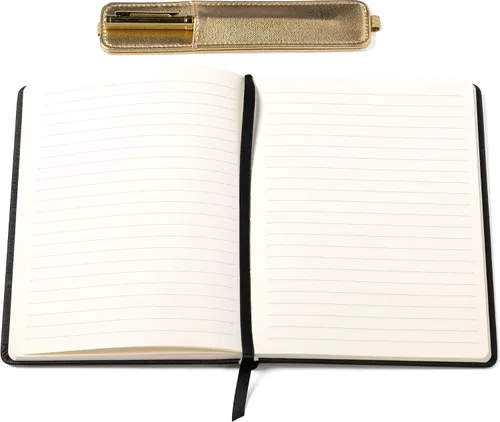Vista 6 de WORLD TRAVELER Eccolo - Diario mediano con bolígrafo, cuaderno A5 de tapa dura negro y dorado con 256 páginas marfil, soporte para bolígrafo