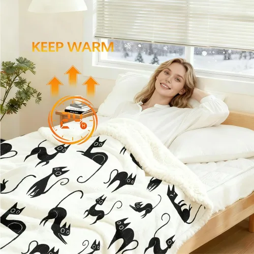 Vista 2 de Sleepwish Manta de forro polar con diseño de gato negro, con siluetas divertidas de gatos, manta Sherpa de felpa para niños y niñas, manta
