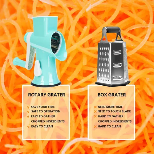 Vista 7 de Rallador rotativo de queso con asa, versátil rallador de queso con base de succión antideslizante, triturador de queso y rebanador de alimentos