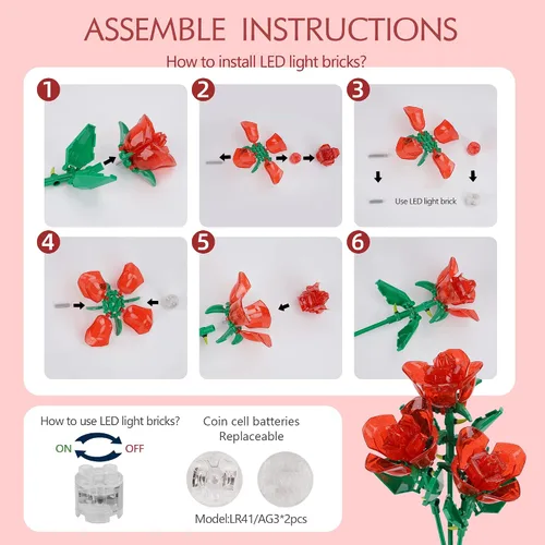 Vista 12 de Juego de construcción de ramo de rosas con luces, plantas artificiales, bonita colección botánica compatible, regalo para mujer