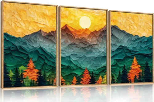 Vista 59 de Celestdeco Juego de arte de pared en lienzo abstracto y neutro grande con marco naranja, moderno y minimalista para pared, diseño geométrico bohemio