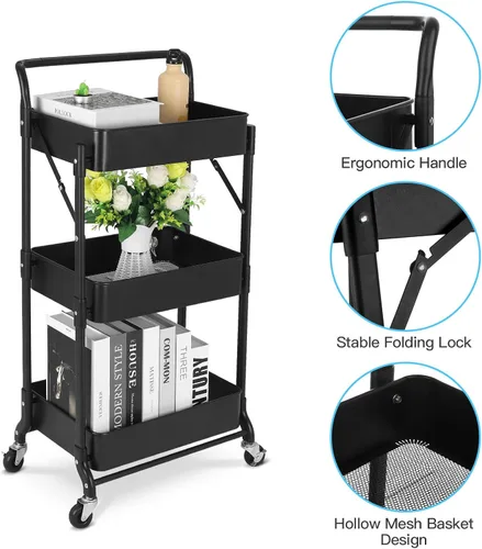 Vista 4 de Carrito plegable de metal de 3 niveles, carrito organizador plegable de almacenamiento multifunción para oficina en casa y biblioteca (negro)