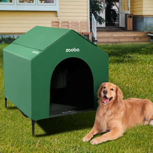 Vista 10 de Casa para perros 2 en 1 de 42" pulgadas para perros medianos, casa elevada para perros al aire libre e interior, refugio de cachorros en exteriores
