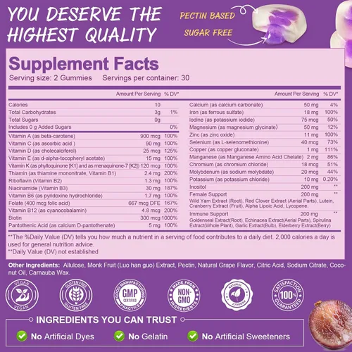 Vista 3 de Totaria Gomitas multivitamínicas sin azúcar para mujeres mayores de 14 años con hierro, inositol, folato, biotina, gomitas multivitamínicas diarias