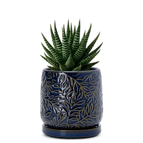 Vista 26 de D'vine Dev Maceta de gres con hojas en relieve de 4 pulgadas con orificio de drenaje y platillo, azul grafito, 27-A-Z-9 Nature-Inspired Leaf