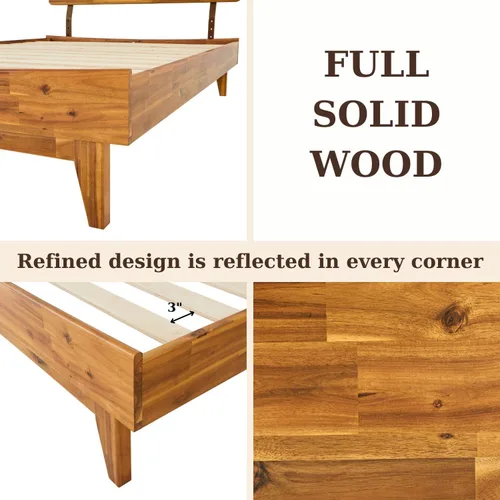 Vista 8 de Bme Caden - Base de cama de 15 pulgadas con cabecera ajustable, estilo retro de mediados de siglo, con madera de acacia, no necesita somier, 12