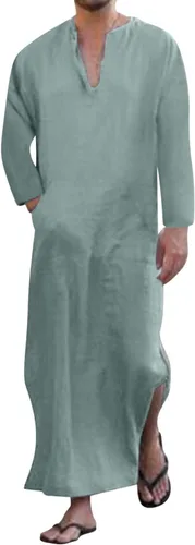 Vista 14 de Jacansi - Bata de cuello en V para hombre, manga corta, división lateral, caftán de algodón, thobe largo, tallas S-3XL Púrpura-gris #1