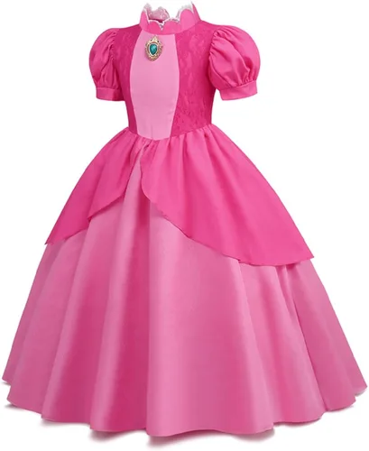 Vista 4 de Super Bros - Disfraz de princesa melocotón para niñas, disfraz de Halloween de lujo con accesorios