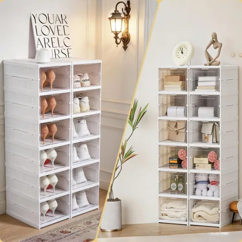 Vista 2 de ZLLZUU Caja de almacenamiento de zapatos, organizador de zapatos plegable de 6 niveles sin ensamblaje con puerta transparente, estante para zapatos