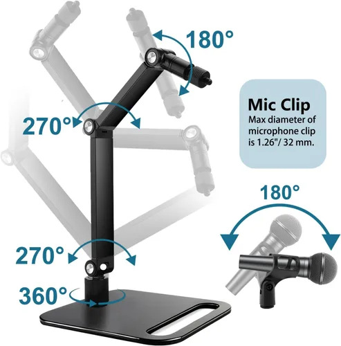 Vista 2 de Soporte de micrófono de estudio, soporte de micrófono de escritorio, soporte de escritorio con adaptador de 1/4"-3/8"-5/8", soporte de micrófono
