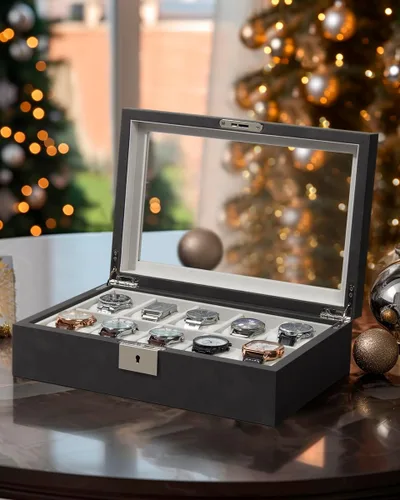 Vista 2 de GUKA Caja de 10 ranuras para reloj, vitrina organizadora de cristal real, con estuche de lujo para hombres y mujeres, regalo