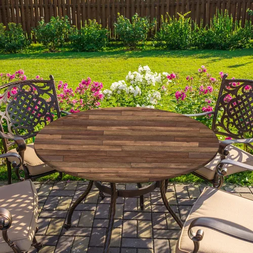 Vista 7 de Mantel redondo de granja ajustable con borde elástico, mantel de madera marrón para exteriores, funda impermeable para mesa, decoración para picnic