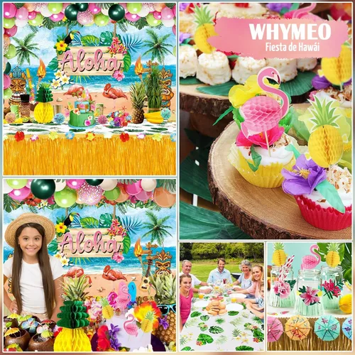 Vista 6 de Decoraciones de fiesta hawaiana Luau (161 unidades), suministros tropicales de verano para fiesta en la playa y piscina, incluyendo telón de fondo