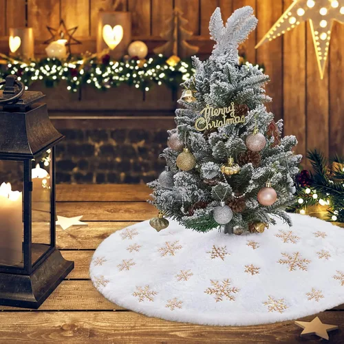 Vista 7 de Falda de árbol de Navidad blanca pequeña de 24 pulgadas, falda de árbol de lentejuelas para árbol de lentejuelas, mini falda de árbol con purpurina