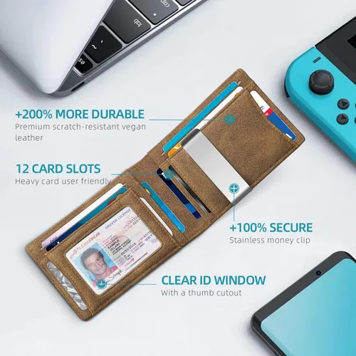 Vista 62 de Zitahli - Carteras delgadas con clip para dinero para hombre, tarjetero minimalista, de cuero, plegable, con bloqueo RFID, cartera de bolsillo
