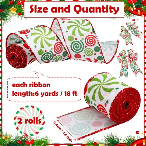 Vista 2 de Berlune 2 rollos de cinta de Navidad con borde de alambre de menta caramelo de 2.5 pulgadas de ancho, cinta de arpillera para manualidades, coronas