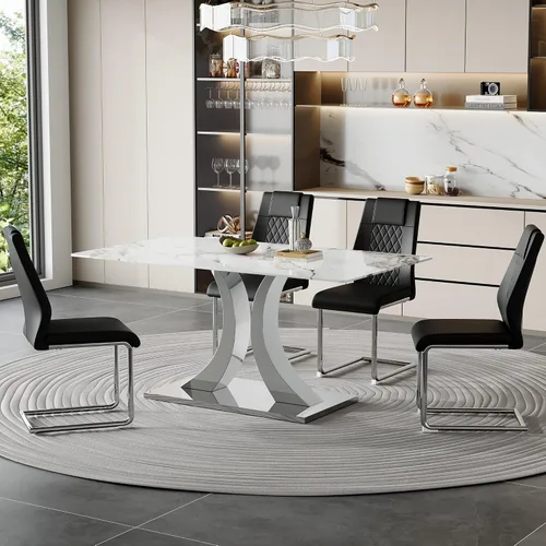 Vista 27 de Juego de mesa de comedor de mármol para 4, moderna mesa de oro blanco de 63 pulgadas con patas de marco de forma intercambiable y sillas de comedor