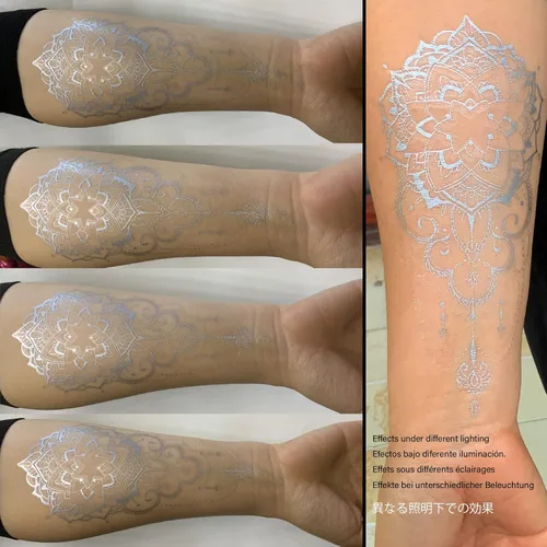 Vista 4 de Roarhowl Tatuajes temporales con destellos metálicos, oro, plata, adecuados para todos los tonos de piel (plateado 3)