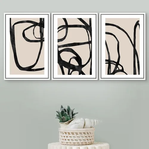 Vista 335 de SIGNFORD - Set de obras de arte en lienzo enmarcado para pared, ilustraciones abstractas de neblina del desierto en tonos neutros beige y marrón
