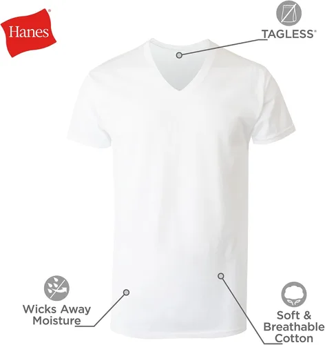 Vista 6 de Hanes Paquete de camiseta interior para hombre, camiseta de algodón con cuello en V, camisetas que absorben la humedad para hombres, paquete de 12