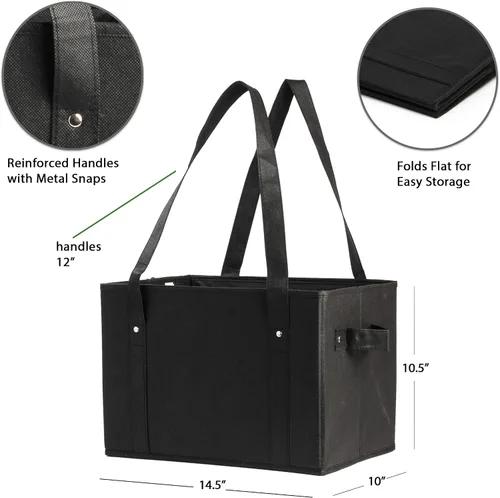 Vista 2 de Earthwise - Juego de 3 bolsas de compras de lujo, plegables y reutilizables, con base reforzada, diseño de cubo (negro)