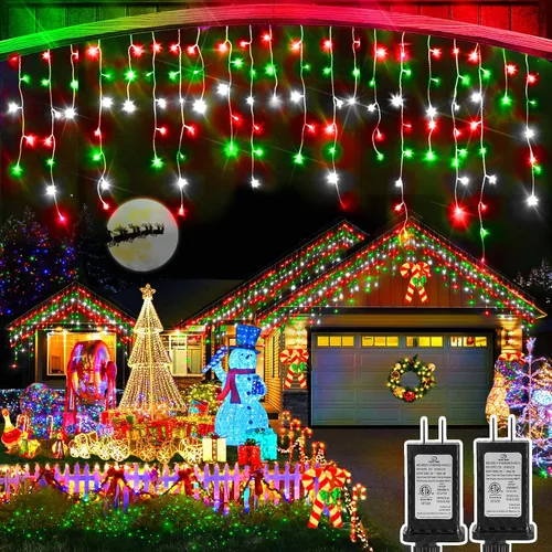 Vista 14 de Luces de Navidad para exteriores, 49 pies, 480 luces LED para exteriores, 90 tiras de luces de carámbano con 8 modos, temporizador impermeable