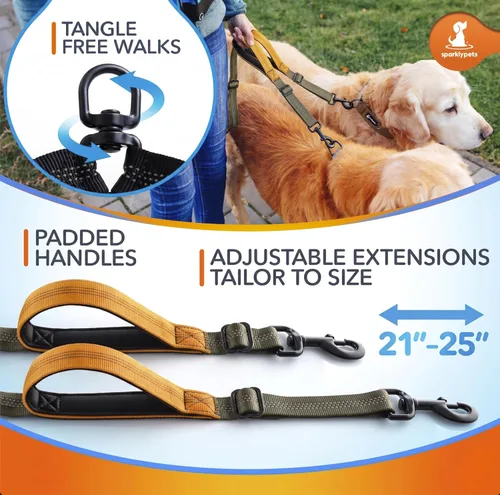 Vista 4 de SparklyPets Correa doble elástica para perro con 2 correas para perros con soporte trasero - Correa doble para perros para razas medianas y medianas